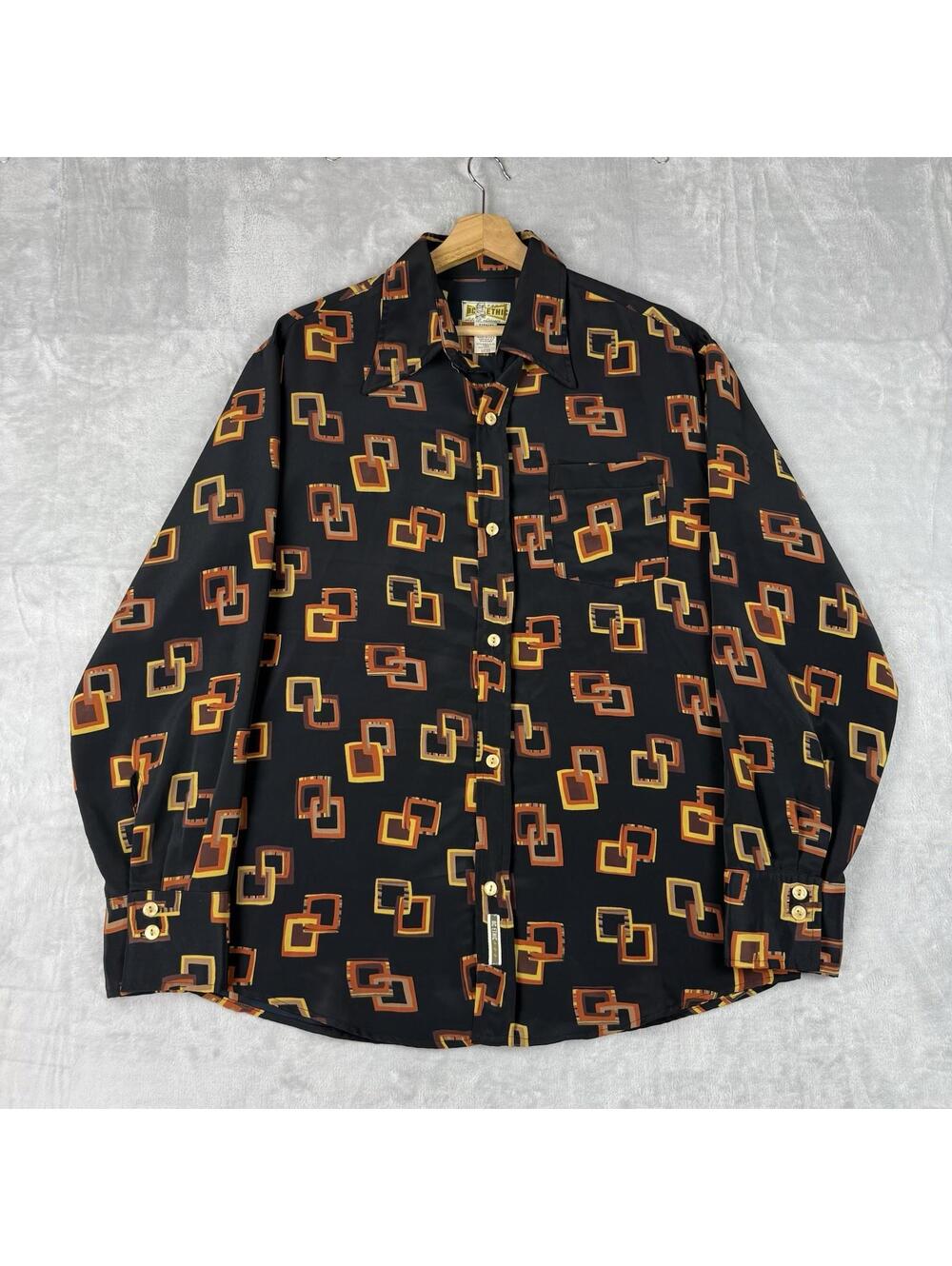 BC Ethic Geo Print Button Up Shirt USA Made Size L Vintage Pattern Retro Silky